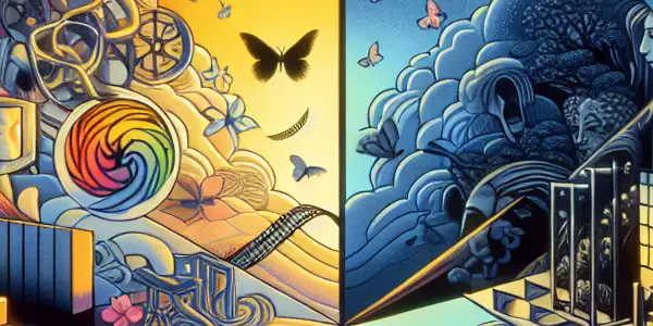 A split scene contrasting the vibrant creativity of Japanese AV culture with the darker themes of exploitation and ethical dilemmas.