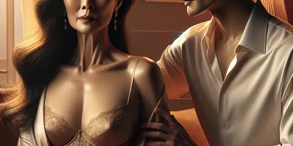 An intimate moment between a woman in elegant loungewear and a younger man in a cozy, warmly lit living room.