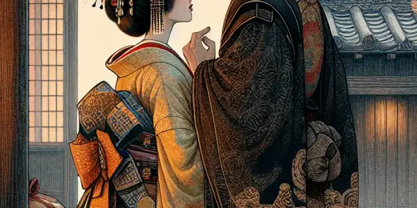 A serene Edo-period courtyard with a samurai and courtesan amidst blooming cherry blossoms, embodying elegance and allure.