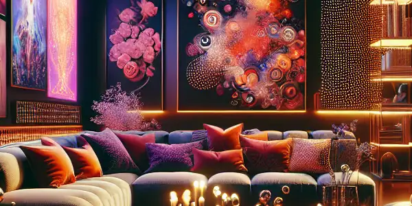 A stylish, cozy room with a plush sofa, ambient lighting, and abstract visuals hinting at adult themes.