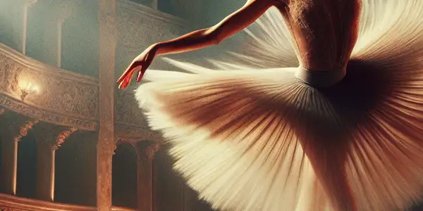 A graceful ballet dancer poses on a dimly lit theater stage, exuding elegance and sensuality amidst rich colors.