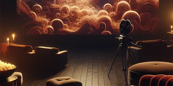 A cozy, dimly-lit cinema room with plush seating, a large screen, and inviting decor for an intimate experience.