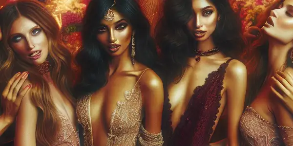 A lively wedding reception scene with elegantly dressed bridesmaids, playful tension, and hints of intimacy among guests.