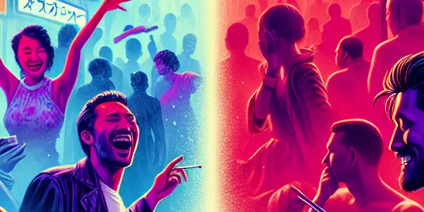 A vibrant scene contrasting playful entertainment with intimate moments, exploring the emotional duality of adult films.