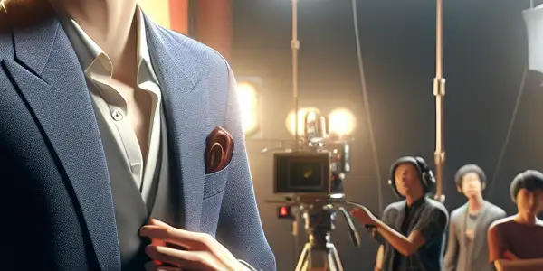 A male adult film actor performing passionately on a vibrant film set, surrounded by crew and filmmaking elements.