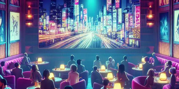 A vibrant lounge filled with diverse individuals enjoying adult films in a cozy, modern atmosphere.