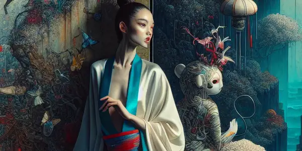 A confident character in provocative attire explores a surreal, dreamlike landscape inspired by erotic cinema themes.