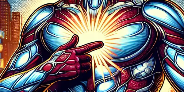 A parody superhero striking a confident pose in a vibrant city, surrounded by humorous elements and neon lights.