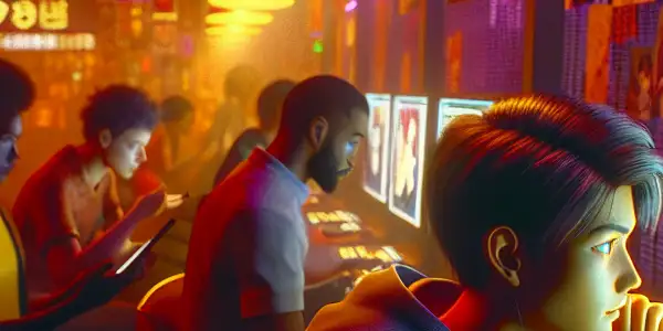 A young adult reads an adult-themed digital novel in a dimly lit internet café filled with curious patrons.