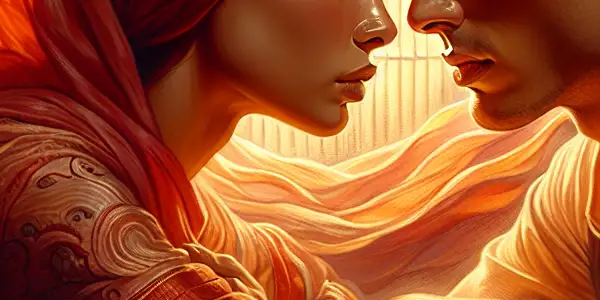 Two characters share a deep, intimate gaze, conveying desire and emotional connection in a softly lit, romantic setting.