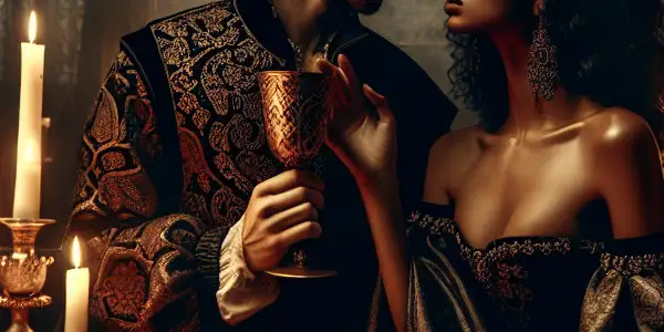 A passionate couple in a medieval chamber, embodying desire and conflict, surrounded by rich textures and dramatic elements.