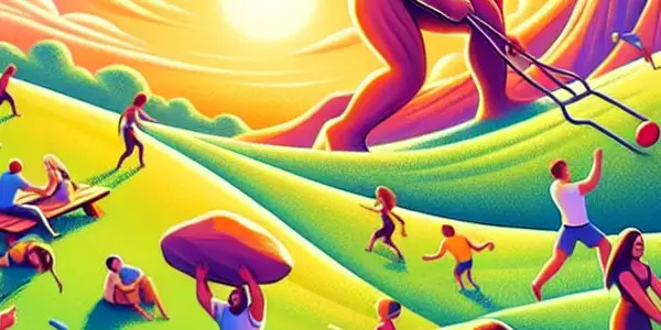A cheerful park scene with diverse people enjoying leisure activities, contrasting with a distant figure struggling with a boulder.