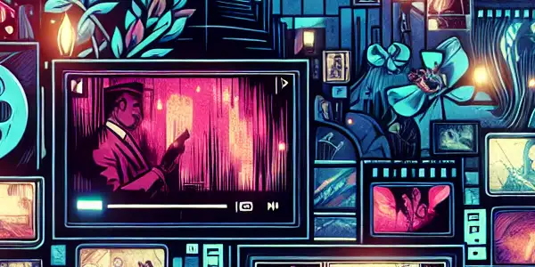 A vibrant digital interface showcasing diverse adult film genres against a neon-lit cityscape at night.