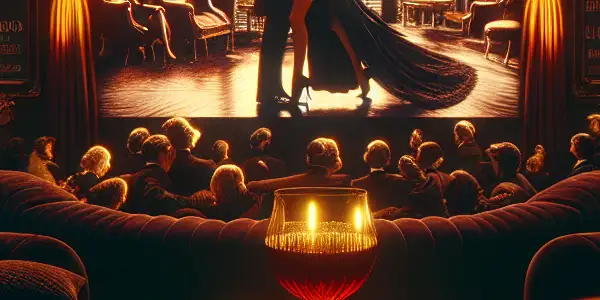 A luxurious, dimly lit room featuring a screen displaying an erotic film, with intimate couple and seductive decor.