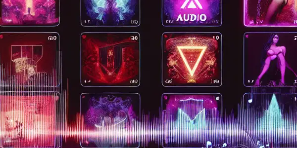 A cozy digital space for adult audio enthusiasts, featuring a sleek monitor with vibrant album covers and immersive ambiance.