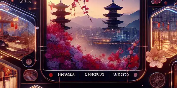A vibrant digital platform showcasing diverse adult film genres with Japanese motifs and a sophisticated, inviting atmosphere.