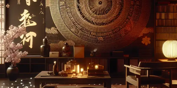 A cozy, dimly lit room with Japanese and Korean decor, featuring a large screen and DVDs, evoking adult film culture.