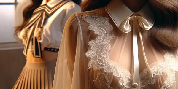 A stylish, softly lit room featuring models in elegant nurse and schoolgirl costumes, hinting at a cinematic atmosphere.