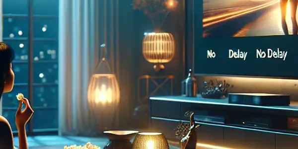 A cozy living room with a person enjoying adult films on a large screen, surrounded by modern tech and soft lighting.