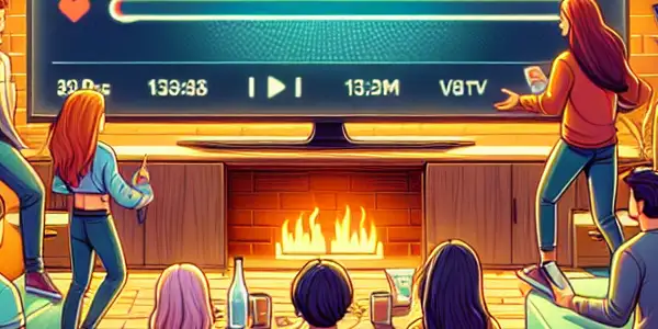 A diverse group of friends enjoys a cozy movie night in a warmly lit living room.