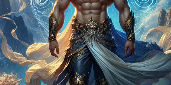 A powerful warrior in stylized armor stands confidently in a mystical landscape, blending ancient mythology with modern allure.