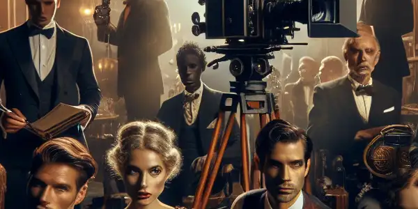 A luxurious film studio scene with diverse actors in elegant costumes, capturing drama and sensuality.