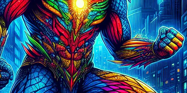 A heroic character in a vibrant superhero costume poses confidently against a neon-lit city skyline at dusk.