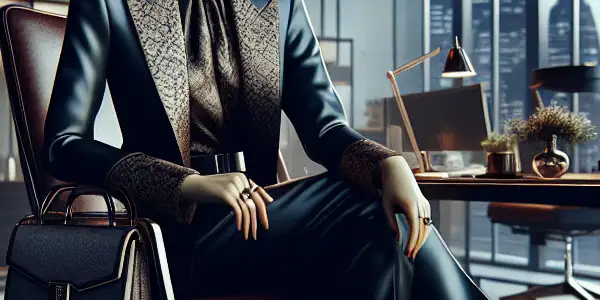 A powerful female boss exudes allure in a modern office, blending authority with sensuality amidst a captivating atmosphere.