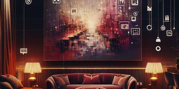 A luxurious, dimly-lit lounge featuring abstract representations of adult films and elegant décor, evoking sophistication and allure.