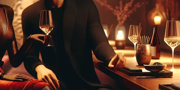 An intimate Japanese bar scene featuring a couple in deep conversation amidst warm lighting and elegant decor.