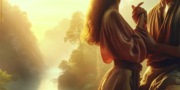 A couple shares a romantic moment in a lush, serene outdoor setting, highlighting passion and connection in nature.