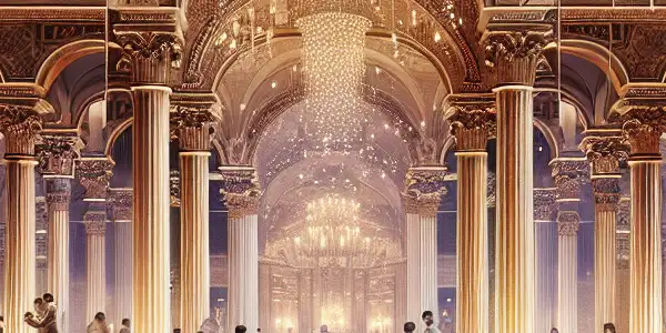 A luxurious digital lounge showcasing diverse people enjoying erotic films, adorned with elegant European architecture and intimate decor.