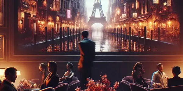 A stylish lounge showcasing a montage of European and Japanese adult films, highlighting romance and cultural elements.