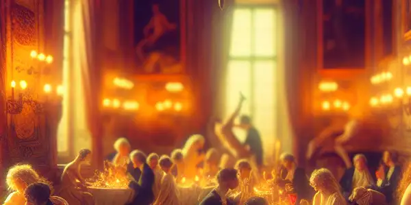 A captivating, intimate scene showcasing diverse figures in a luxurious European setting, emphasizing romance and emotional connection.