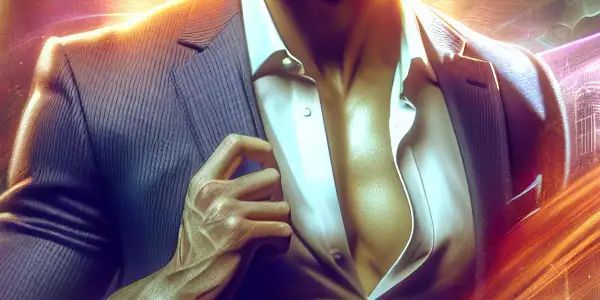 A charismatic male protagonist in a stylish outfit, set against a romantic, vibrant cityscape at night.