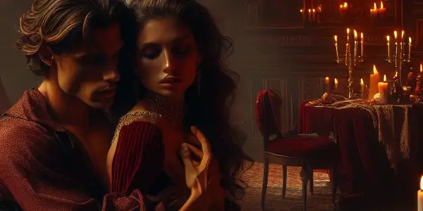 A passionate embrace between two figures in a dimly lit room filled with intimate decor and suggestive literature.